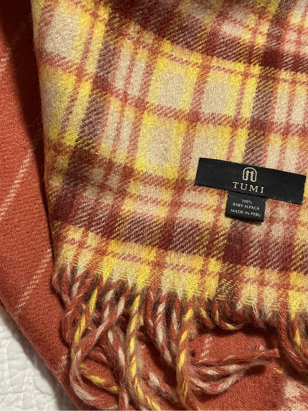Tumi Plaid Baby Alpaca Scarf in Rust, Yellow, Cream